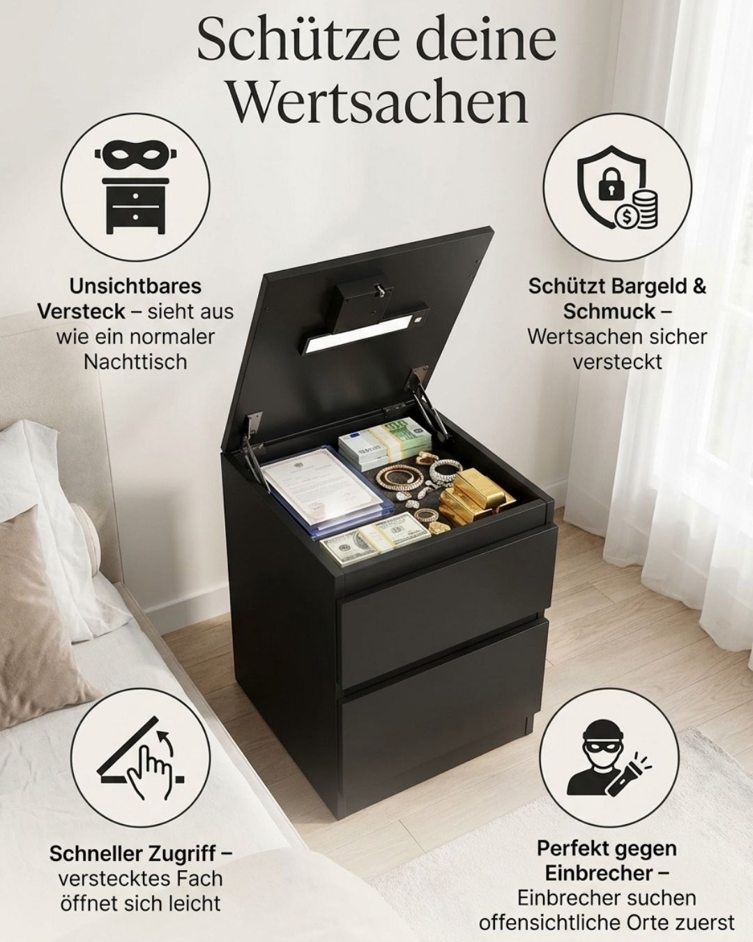 Nuit Forte™ Nightstand with Secret Compartment — Invisible. Secure. Always with you.